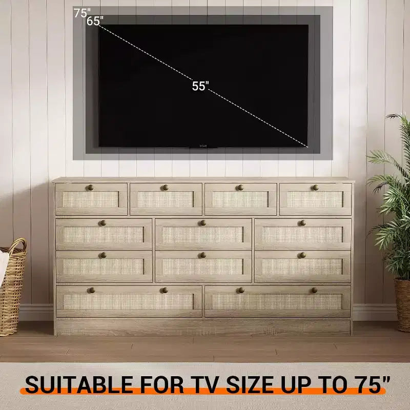 Commode en bois pour chambre à coucher avec 12 tiroirs en rotin, commode large de 61 pouces pour salon, commode de rangement en bois, meuble TV moderne