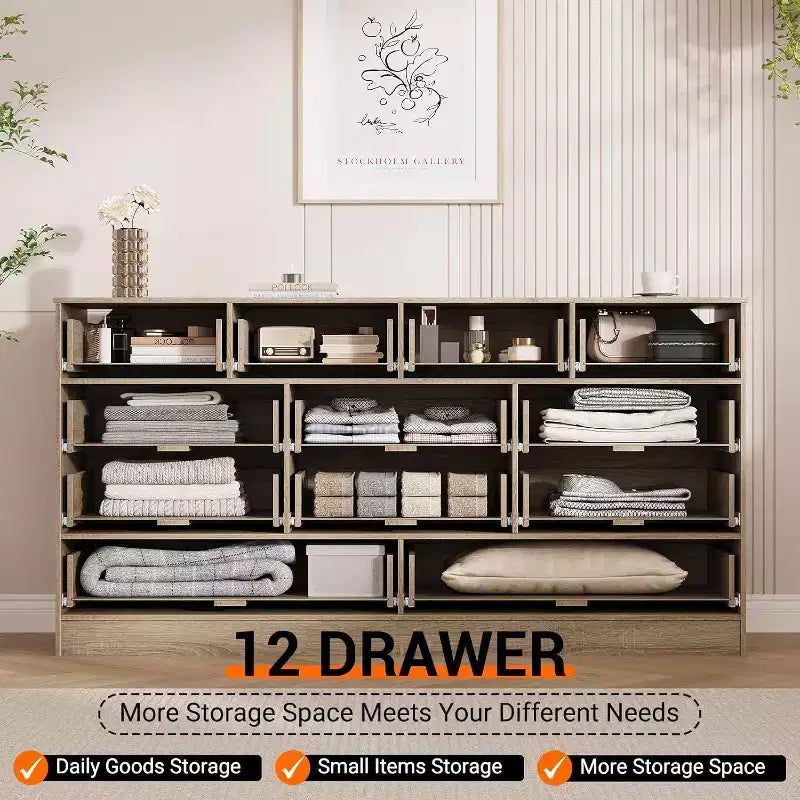 Commode en bois pour chambre à coucher avec 12 tiroirs en rotin, commode large de 61 pouces pour salon, commode de rangement en bois, meuble TV moderne