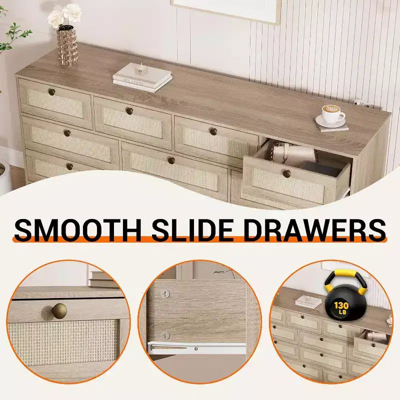 Commode en bois pour chambre à coucher avec 12 tiroirs en rotin, commode large de 61 pouces pour salon, commode de rangement en bois, meuble TV moderne