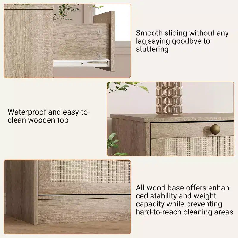 Commode en bois pour chambre à coucher avec 12 tiroirs en rotin, commode large de 61 pouces pour salon, commode de rangement en bois, meuble TV moderne