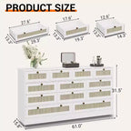 Commode en bois pour chambre à coucher avec 12 tiroirs en rotin, commode large de 61 pouces pour salon, commode de rangement en bois, meuble TV moderne