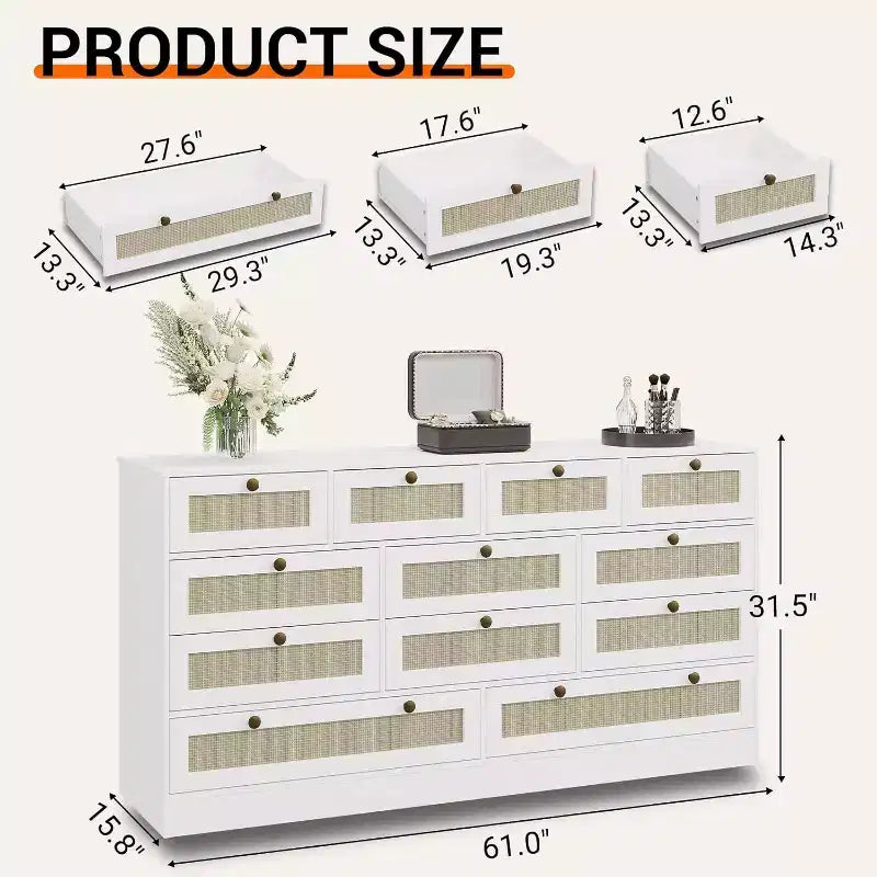 Commode en bois pour chambre à coucher avec 12 tiroirs en rotin, commode large de 61 pouces pour salon, commode de rangement en bois, meuble TV moderne