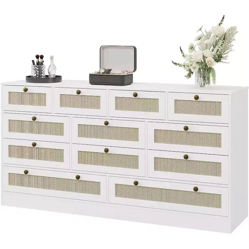 Commode en bois pour chambre à coucher avec 12 tiroirs en rotin, commode large de 61 pouces pour salon, commode de rangement en bois, meuble TV moderne