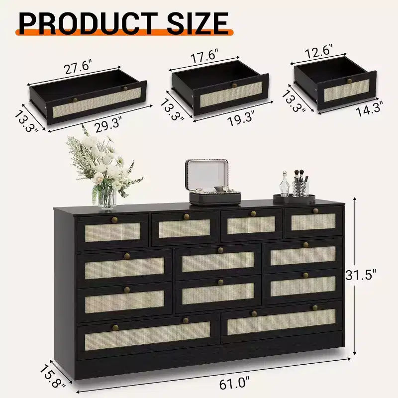 Commode en bois pour chambre à coucher avec 12 tiroirs en rotin, commode large de 61 pouces pour salon, commode de rangement en bois, meuble TV moderne