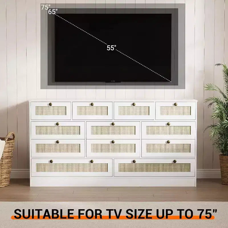 Commode en bois pour chambre à coucher avec 12 tiroirs en rotin, commode large de 61 pouces pour salon, commode de rangement en bois, meuble TV moderne