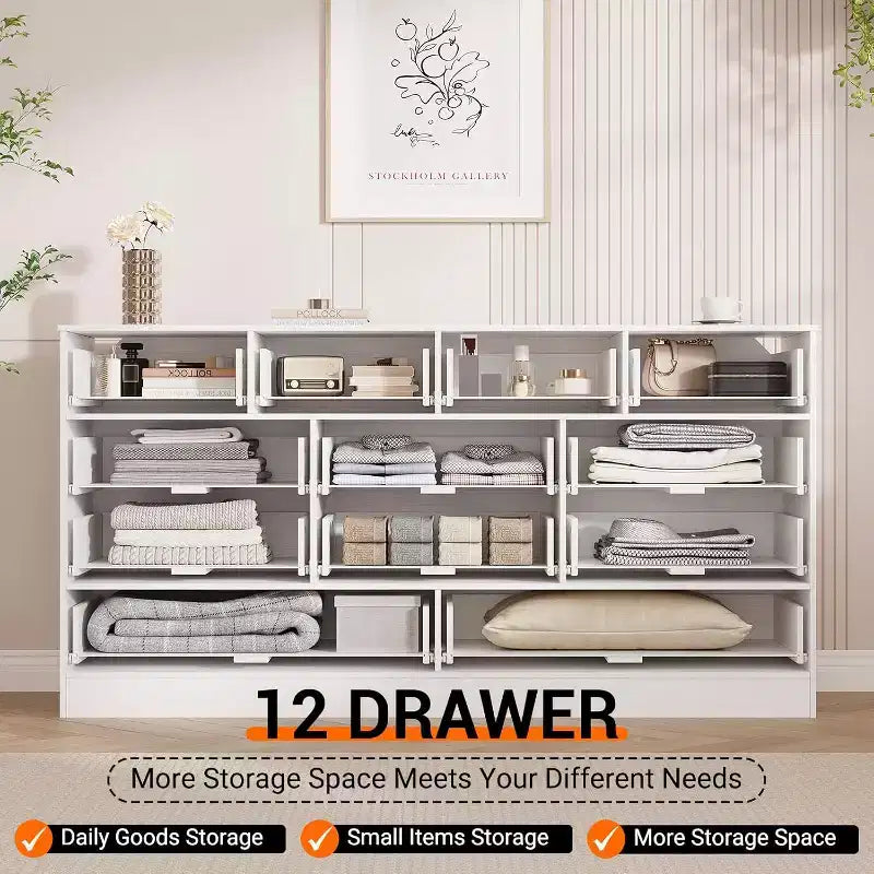 Commode en bois pour chambre à coucher avec 12 tiroirs en rotin, commode large de 61 pouces pour salon, commode de rangement en bois, meuble TV moderne