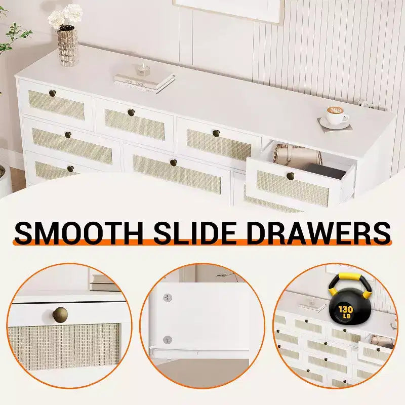 Commode en bois pour chambre à coucher avec 12 tiroirs en rotin, commode large de 61 pouces pour salon, commode de rangement en bois, meuble TV moderne