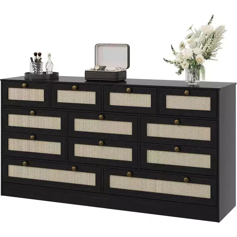 Commode en bois pour chambre à coucher avec 12 tiroirs en rotin, commode large de 61 pouces pour salon, commode de rangement en bois, meuble TV moderne