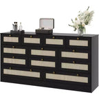 Commode en bois pour chambre à coucher avec 12 tiroirs en rotin, commode large de 61 pouces pour salon, commode de rangement en bois, meuble TV moderne