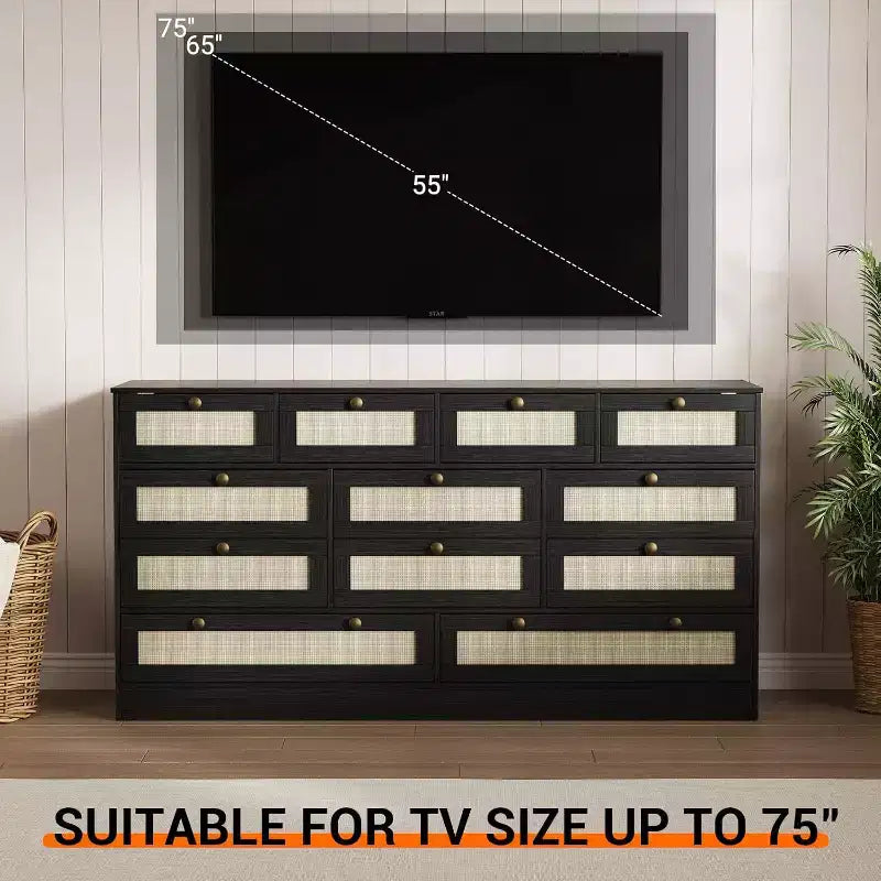 Commode en bois pour chambre à coucher avec 12 tiroirs en rotin, commode large de 61 pouces pour salon, commode de rangement en bois, meuble TV moderne