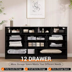 Commode en bois pour chambre à coucher avec 12 tiroirs en rotin, commode large de 61 pouces pour salon, commode de rangement en bois, meuble TV moderne