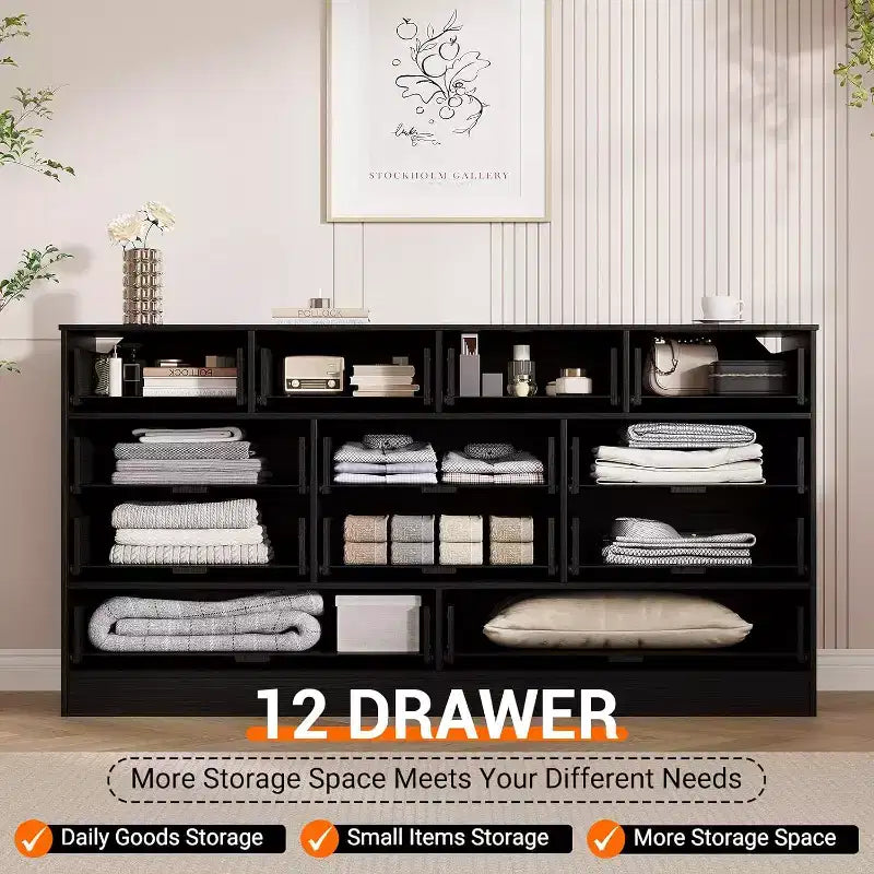 Commode en bois pour chambre à coucher avec 12 tiroirs en rotin, commode large de 61 pouces pour salon, commode de rangement en bois, meuble TV moderne