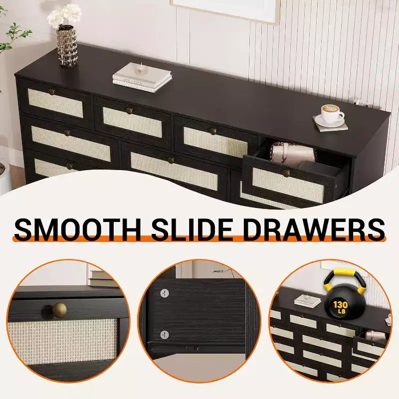 Commode en bois pour chambre à coucher avec 12 tiroirs en rotin, commode large de 61 pouces pour salon, commode de rangement en bois, meuble TV moderne