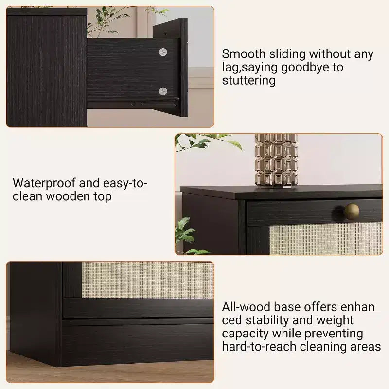 Commode en bois pour chambre à coucher avec 12 tiroirs en rotin, commode large de 61 pouces pour salon, commode de rangement en bois, meuble TV moderne