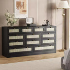 Wood Dressers for Bedroom with 12 Rattan Drawers, 61 Wide Chest of Drawers for Living Room, Wooden Closet Dressers, Modern TV Stand Dresser