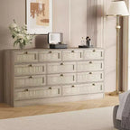 Commode en bois pour chambre à coucher avec 12 tiroirs en rotin, commode large de 61 pouces pour salon, commode de rangement en bois, meuble TV moderne