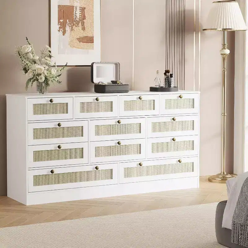 Commode en bois pour chambre à coucher avec 12 tiroirs en rotin, commode large de 61 pouces pour salon, commode de rangement en bois, meuble TV moderne