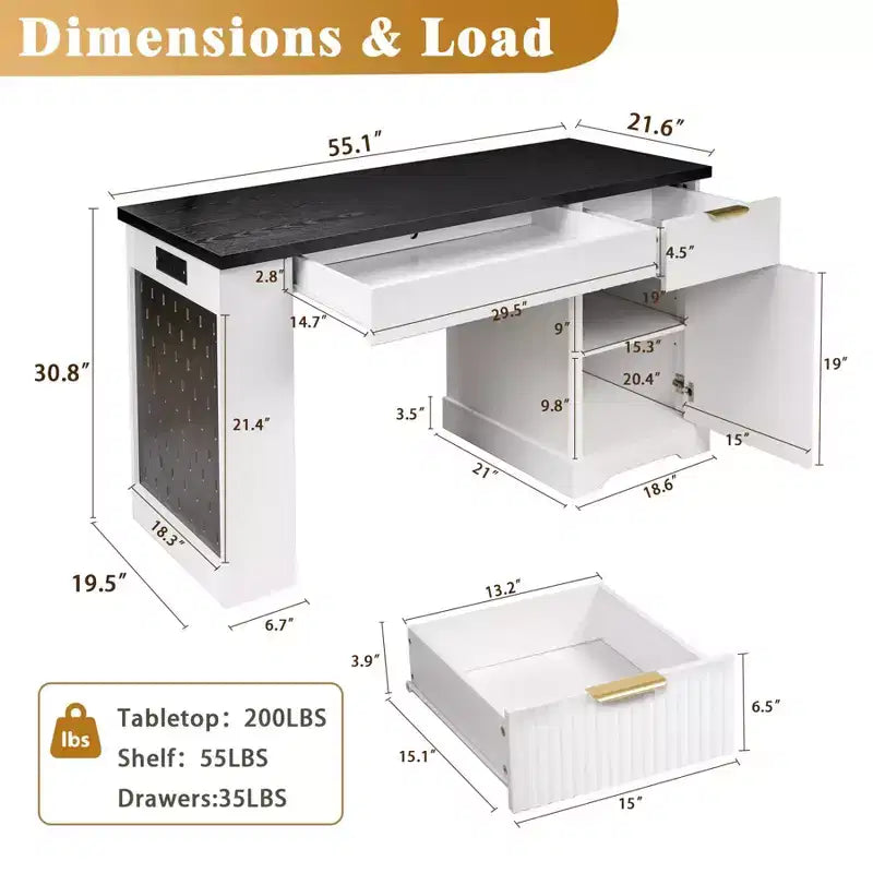 Bureau de direction 55 po avec 2 tiroirs, bureau d'ordinateur à domicile avec prise de courant et panneau perforé, bureau d'écriture en bois pour salon, chambre à coucher