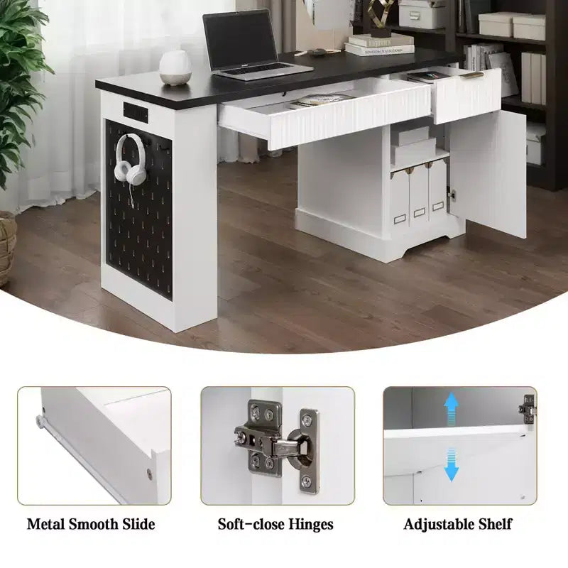Bureau de direction 55 po avec 2 tiroirs, bureau d'ordinateur à domicile avec prise de courant et panneau perforé, bureau d'écriture en bois pour salon, chambre à coucher