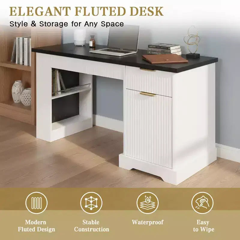 Bureau de direction 55 po avec 2 tiroirs, bureau d'ordinateur à domicile avec prise de courant et panneau perforé, bureau d'écriture en bois pour salon, chambre à coucher