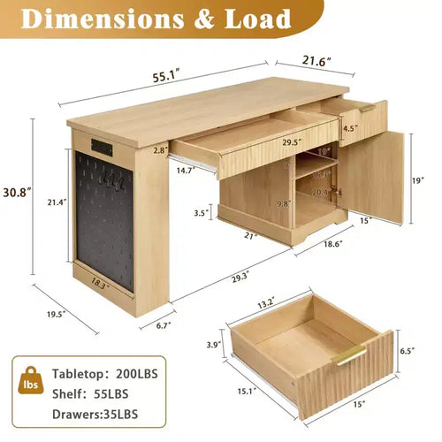 Bureau de direction 55 po avec 2 tiroirs, bureau d'ordinateur à domicile avec prise de courant et panneau perforé, bureau d'écriture en bois pour salon, chambre à coucher