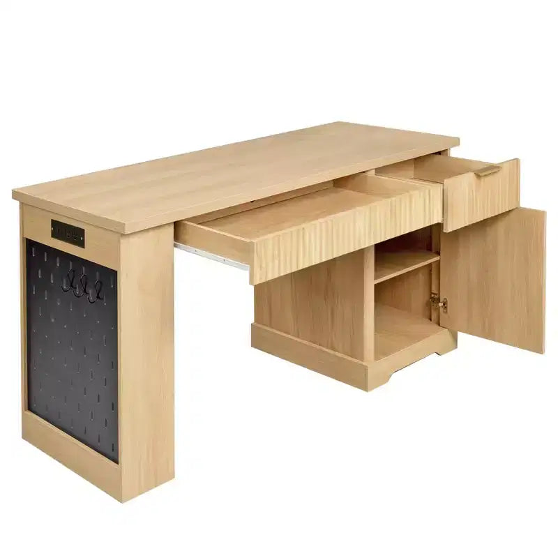 Bureau de direction 55 po avec 2 tiroirs, bureau d'ordinateur à domicile avec prise de courant et panneau perforé, bureau d'écriture en bois pour salon, chambre à coucher