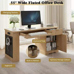 Bureau de direction 55 po avec 2 tiroirs, bureau d'ordinateur à domicile avec prise de courant et panneau perforé, bureau d'écriture en bois pour salon, chambre à coucher