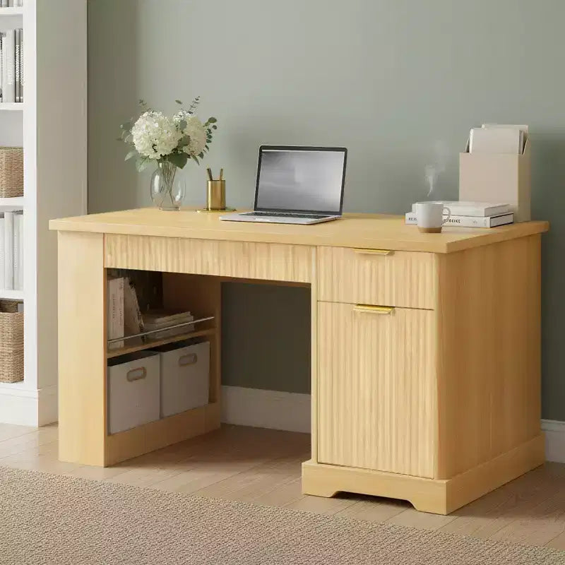 55 Executive Desk with 2 Drawers, Home Office Desk with Power Outlet & Pegboard, Wooden Computer Writing Desk for Living Room, Bedroom