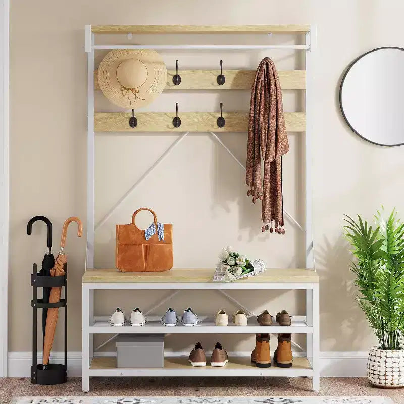 72 porte-manteaux banc à chaussures, banc de rangement industriel pour entrée, grand porte-chaussures aspect bois avec étagère de rangement, barre de suspension et 8 crochets