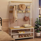 72 porte-manteaux banc à chaussures, banc de rangement industriel pour entrée, grand porte-chaussures aspect bois avec étagère de rangement, barre de suspension et 8 crochets