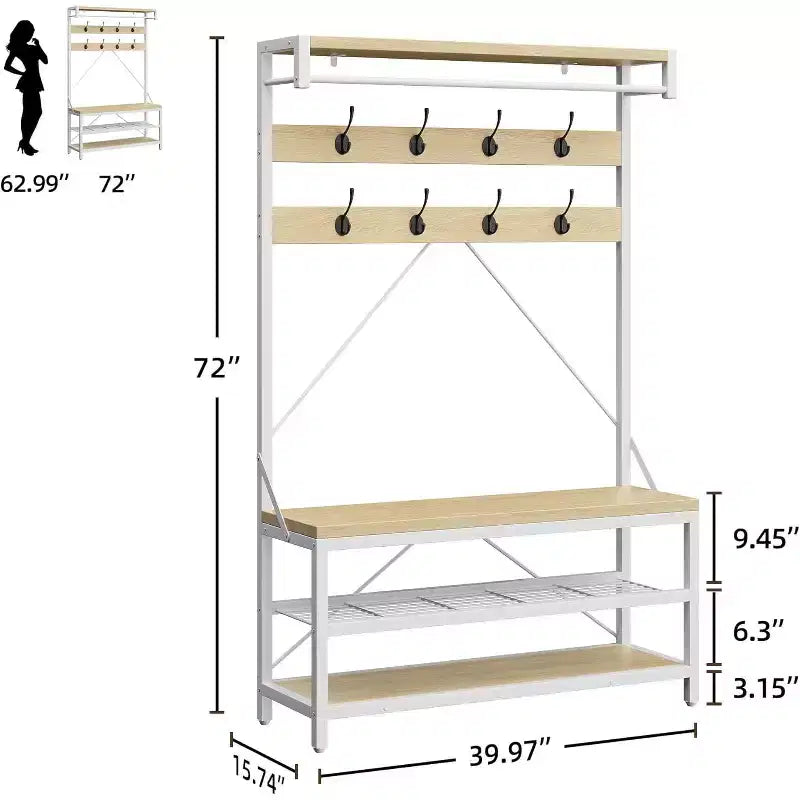 72 porte-manteaux banc à chaussures, banc de rangement industriel pour entrée, grand porte-chaussures aspect bois avec étagère de rangement, barre de suspension et 8 crochets