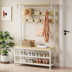 72 porte-manteaux banc à chaussures, banc de rangement industriel pour entrée, grand porte-chaussures aspect bois avec étagère de rangement, barre de suspension et 8 crochets
