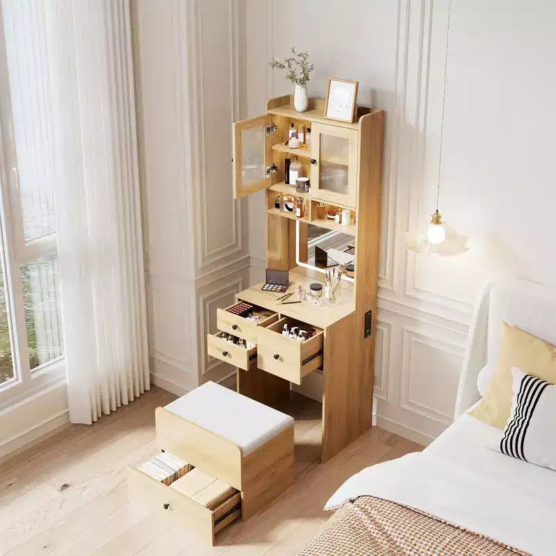 COZONY Coiffeuse 3-en-1, Haute Coiffeuse avec Tiroirs de Rangement et Portes en Acrylique, Table de Maquillage avec Miroir, Rangement pour Bijoux et Chaise Coussinée