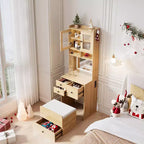 COZONY Coiffeuse 3-en-1, Haute Coiffeuse avec Tiroirs de Rangement et Portes en Acrylique, Table de Maquillage avec Miroir, Rangement pour Bijoux et Chaise Coussinée