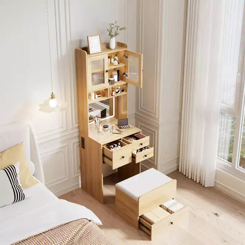 COZONY Coiffeuse 3-en-1, Haute Coiffeuse avec Tiroirs de Rangement et Portes en Acrylique, Table de Maquillage avec Miroir, Rangement pour Bijoux et Chaise Coussinée