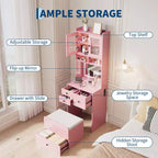 COZONY Coiffeuse 3-en-1, Haute Coiffeuse avec Tiroirs de Rangement et Portes en Acrylique, Table de Maquillage avec Miroir, Rangement pour Bijoux et Chaise Coussinée