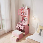 COZONY Coiffeuse 3-en-1, Haute Coiffeuse avec Tiroirs de Rangement et Portes en Acrylique, Table de Maquillage avec Miroir, Rangement pour Bijoux et Chaise Coussinée