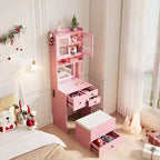 COZONY Coiffeuse 3-en-1, Haute Coiffeuse avec Tiroirs de Rangement et Portes en Acrylique, Table de Maquillage avec Miroir, Rangement pour Bijoux et Chaise Coussinée