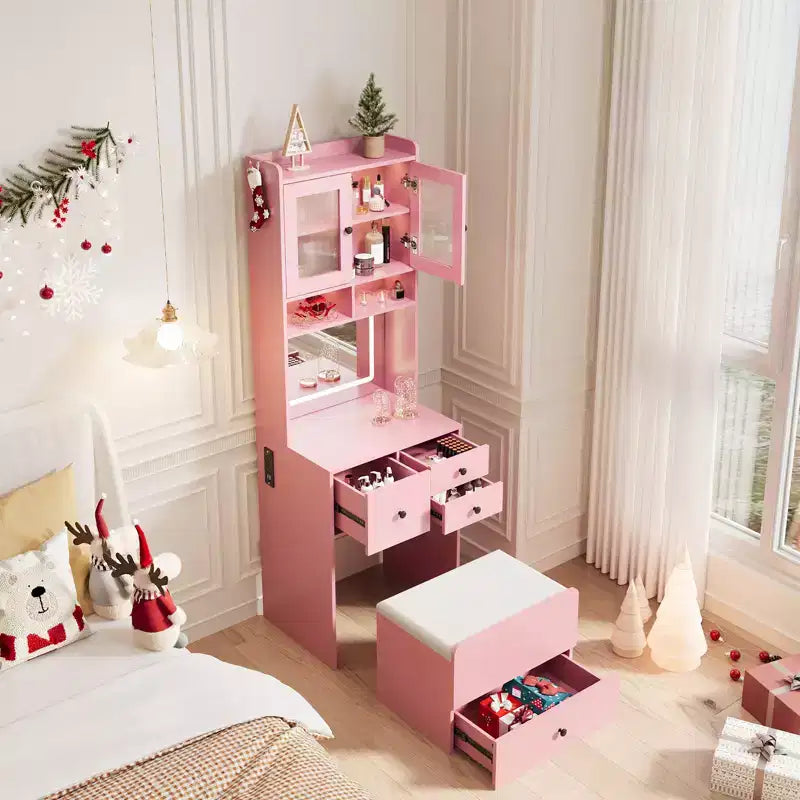 COZONY Coiffeuse 3-en-1, Haute Coiffeuse avec Tiroirs de Rangement et Portes en Acrylique, Table de Maquillage avec Miroir, Rangement pour Bijoux et Chaise Coussinée