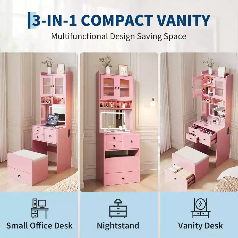 COZONY Coiffeuse 3-en-1, Haute Coiffeuse avec Tiroirs de Rangement et Portes en Acrylique, Table de Maquillage avec Miroir, Rangement pour Bijoux et Chaise Coussinée
