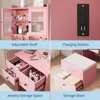 COZONY Coiffeuse 3-en-1, Haute Coiffeuse avec Tiroirs de Rangement et Portes en Acrylique, Table de Maquillage avec Miroir, Rangement pour Bijoux et Chaise Coussinée