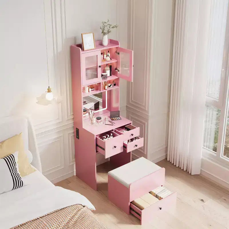 COZONY Coiffeuse 3-en-1, Haute Coiffeuse avec Tiroirs de Rangement et Portes en Acrylique, Table de Maquillage avec Miroir, Rangement pour Bijoux et Chaise Coussinée