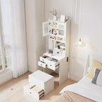 COZONY Coiffeuse 3-en-1, Haute Coiffeuse avec Tiroirs de Rangement et Portes en Acrylique, Table de Maquillage avec Miroir, Rangement pour Bijoux et Chaise Coussinée