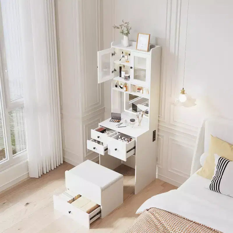 COZONY Coiffeuse 3-en-1, Haute Coiffeuse avec Tiroirs de Rangement et Portes en Acrylique, Table de Maquillage avec Miroir, Rangement pour Bijoux et Chaise Coussinée