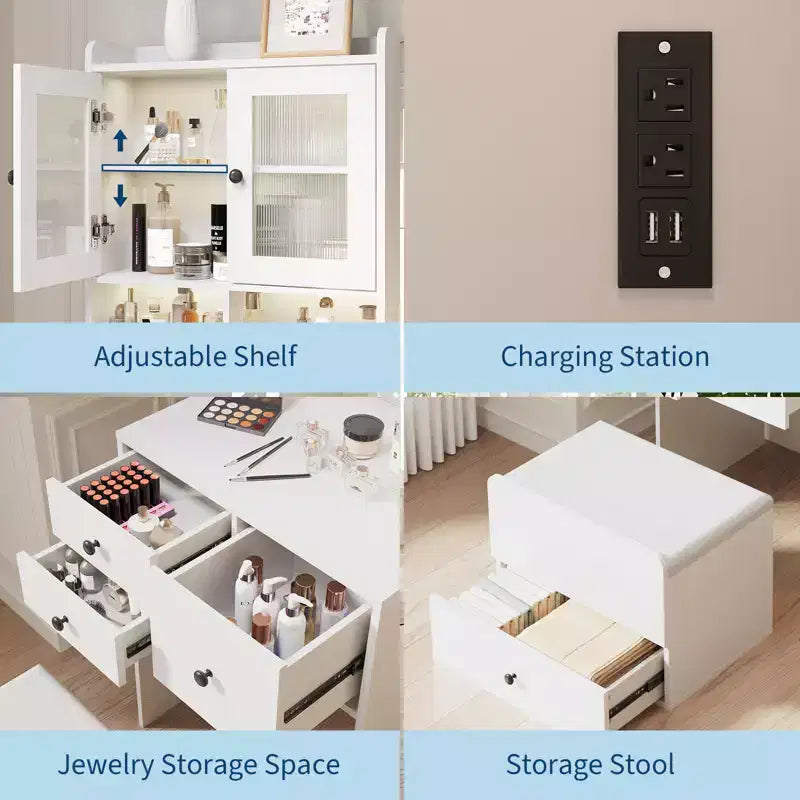 COZONY Coiffeuse 3-en-1, Haute Coiffeuse avec Tiroirs de Rangement et Portes en Acrylique, Table de Maquillage avec Miroir, Rangement pour Bijoux et Chaise Coussinée