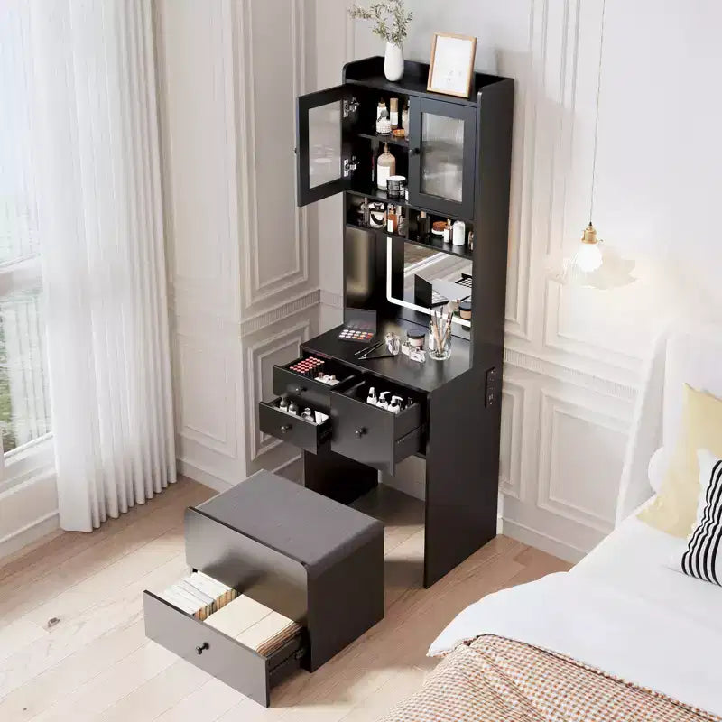 COZONY Coiffeuse 3-en-1, Haute Coiffeuse avec Tiroirs de Rangement et Portes en Acrylique, Table de Maquillage avec Miroir, Rangement pour Bijoux et Chaise Coussinée
