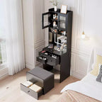 COZONY Coiffeuse 3-en-1, Haute Coiffeuse avec Tiroirs de Rangement et Portes en Acrylique, Table de Maquillage avec Miroir, Rangement pour Bijoux et Chaise Coussinée