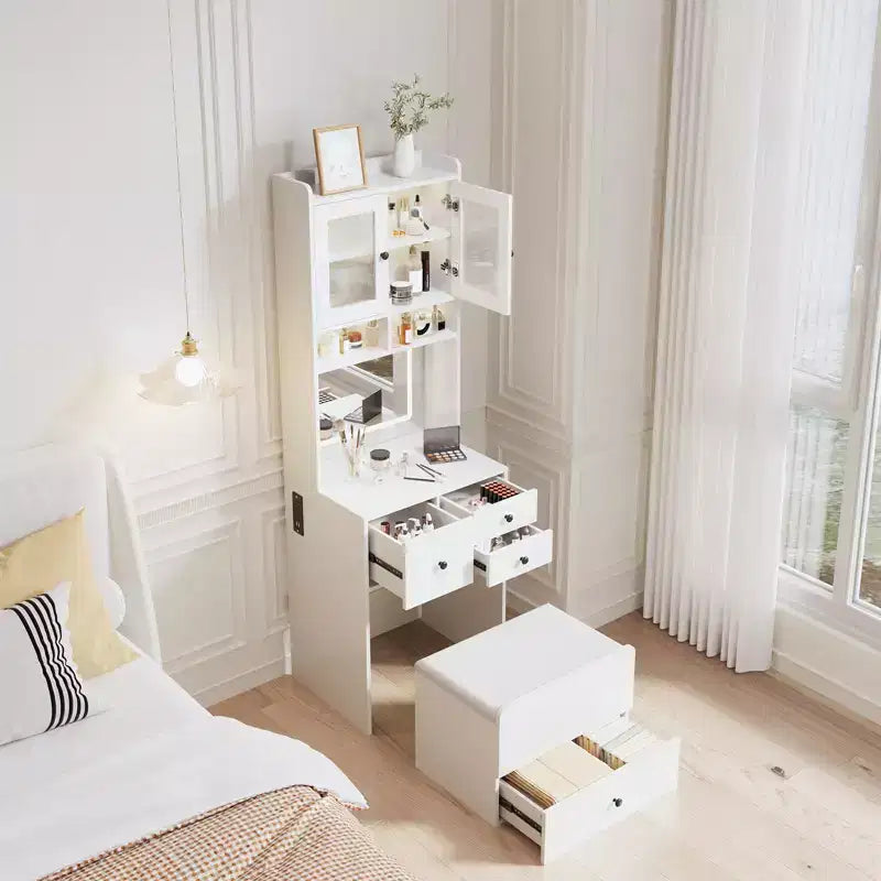COZONY Coiffeuse 3-en-1, Haute Coiffeuse avec Tiroirs de Rangement et Portes en Acrylique, Table de Maquillage avec Miroir, Rangement pour Bijoux et Chaise Coussinée