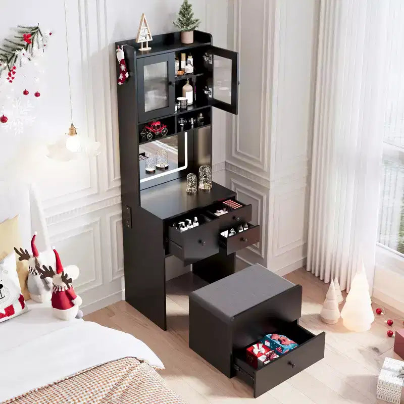 COZONY Coiffeuse 3-en-1, Haute Coiffeuse avec Tiroirs de Rangement et Portes en Acrylique, Table de Maquillage avec Miroir, Rangement pour Bijoux et Chaise Coussinée