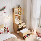 COZONY Coiffeuse 3-en-1, Haute Coiffeuse avec Tiroirs de Rangement et Portes en Acrylique, Table de Maquillage avec Miroir, Rangement pour Bijoux et Chaise Coussinée